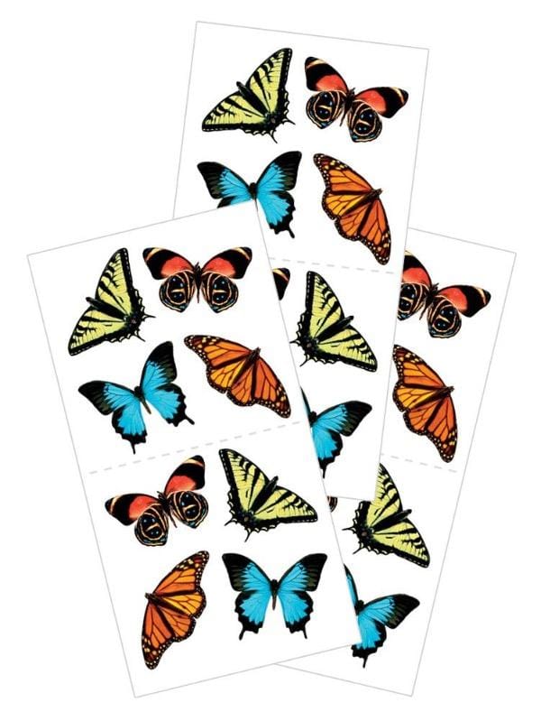 3 sheets of stickers featuring colorful, photo real butterflies, shown on white background.