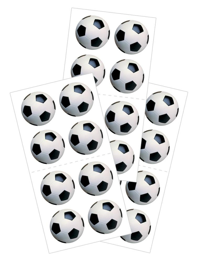 3 sheets of stickers featuring photo real soccer balls, shown on white background.