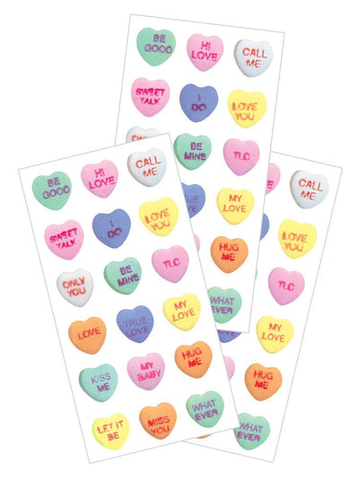 3 sheets of stickers featuring photo real sweetheart candies, shown on white background.