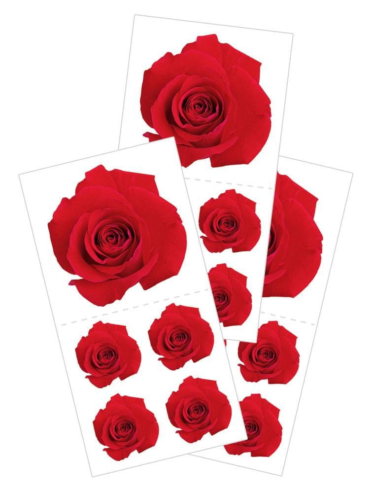 3 sheets of stickers featuring photo real red roses, shown on white background.