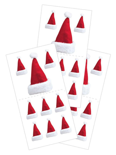 3 sheets of stickers featuring photo real Santa hats shown on white background.