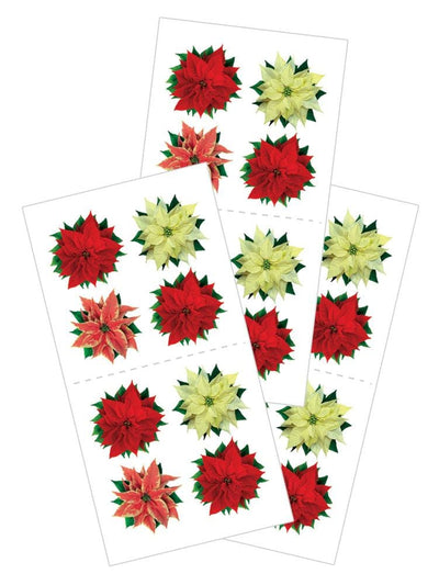 3 sheets of stickers featuring red, pink and white, photo-real poinsettias, shown on white background.