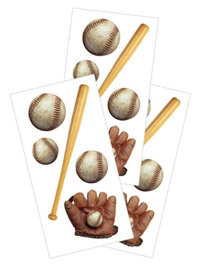 3 sheets of stickers featuring photo real, baseballs, bats and mitts, shown on white background.