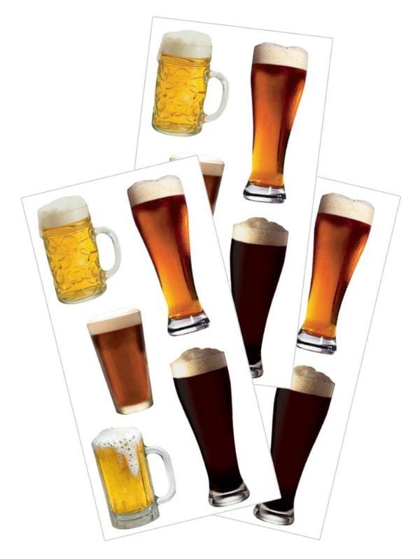 3 sheets of stickers featuring photo real beer in beer mugs, shown on white background.