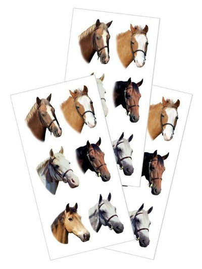 3 sheets of stickers featuring photo real horse heads, shown on white background.