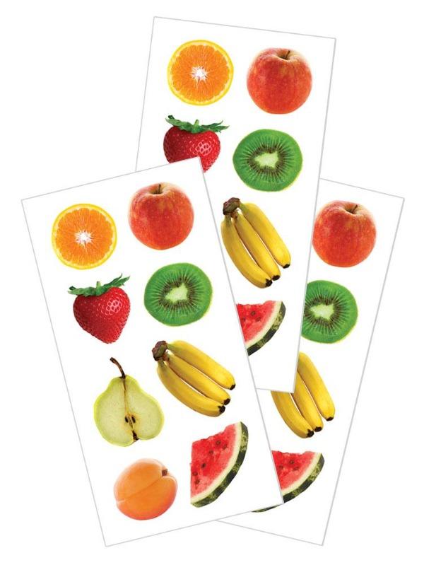3 sheets of stickers featuring colorful, photo real fruit, shown on white background.
