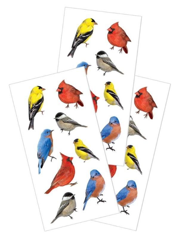 Three sheets of stickers featuring photo real cardinals, bluebirds, chickadees and goldfinches.