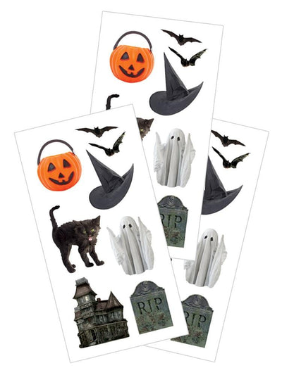 3 sheets of stickers featuring a jack o lantern treat bucket, bats, a witches hat and a ghost, shown on white background.