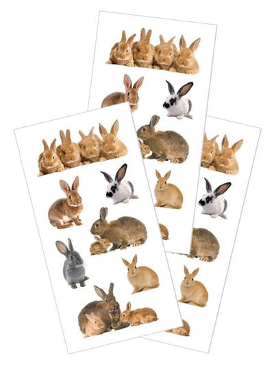 3 sheets of stickers featuring photo real bunny rabbits, shown on white background.