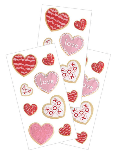 3 sheets of stickers featuring photo real, decorated Valentine's sugar cookies, shown on white background.