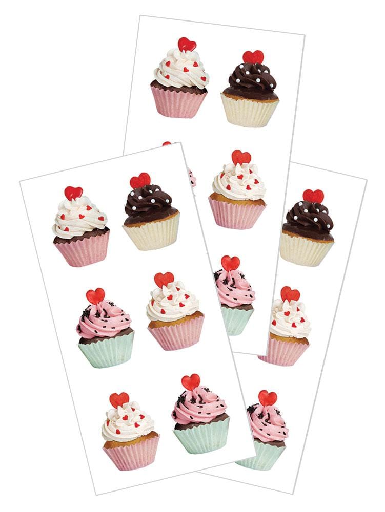3 sheets of stickers featuring photo real cupcakes with red hearts, shown on white background.