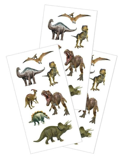 3 sheets of stickers featuring a variety of dinosaurs, shown on white background.