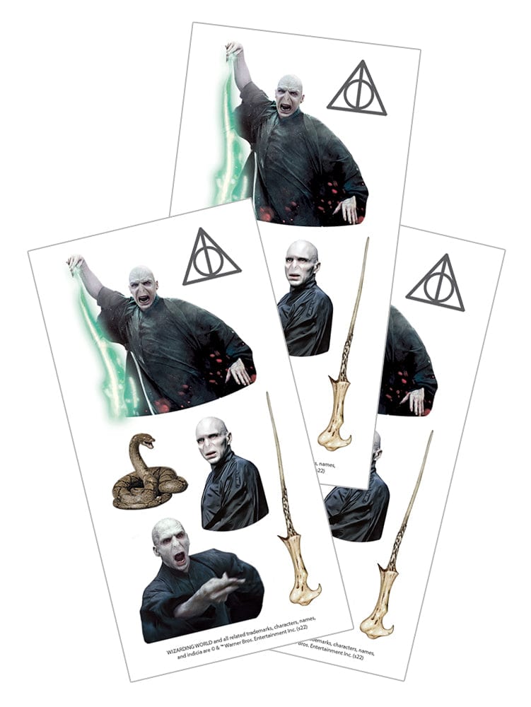 3 sheets of Harry Potter stickers featuring Voldemort, his wand and his serpent, shown on white background.