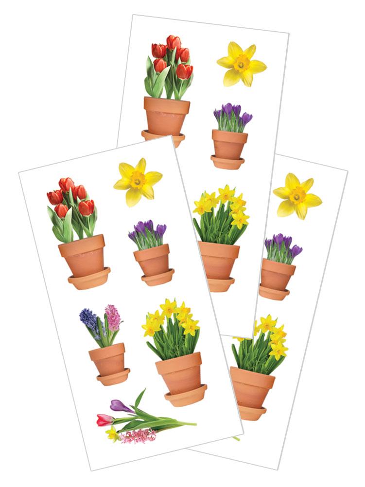 3 sheets of stickers featuring photo real spring flowers in clay pots, shown on white background.