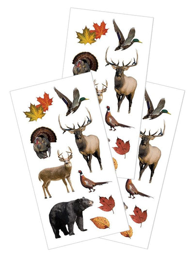3 sheets of stickers featuring photo real bear, turkeys and deer, shown on white background.