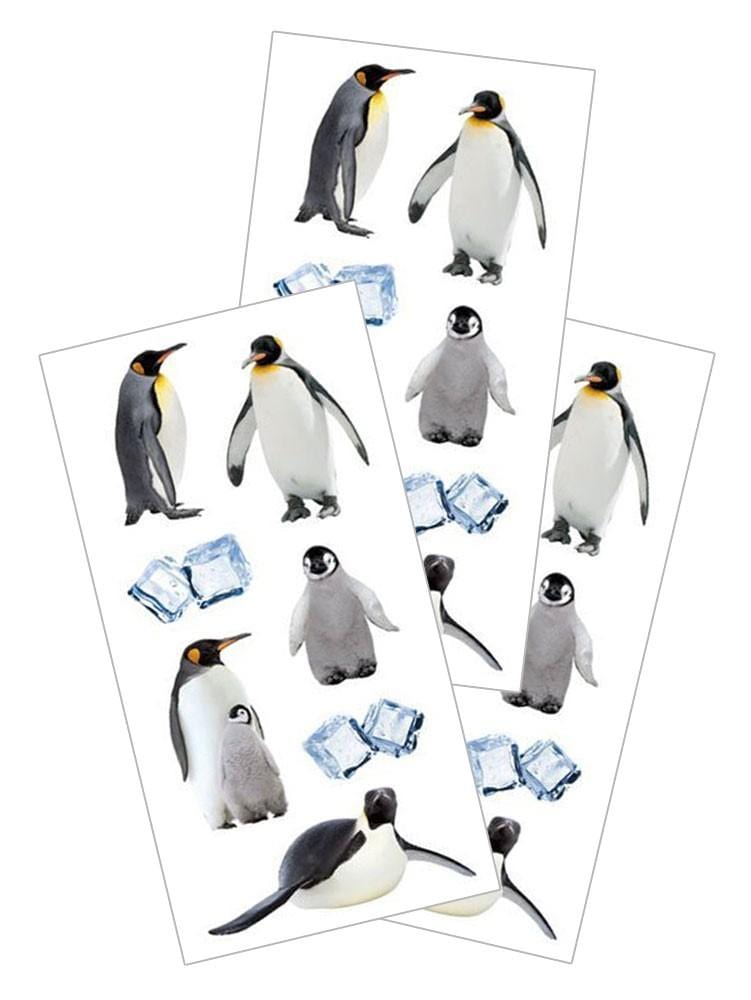 3 sheets of stickers featuring photo real penguins, shown on white background.
