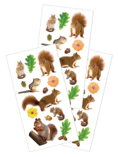 3 sheets of stickers featuring photo real squirrels and chipmunks, shown on a white background.
