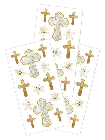 3 sheets of stickers featuring gold and white crosses, shown on white background.