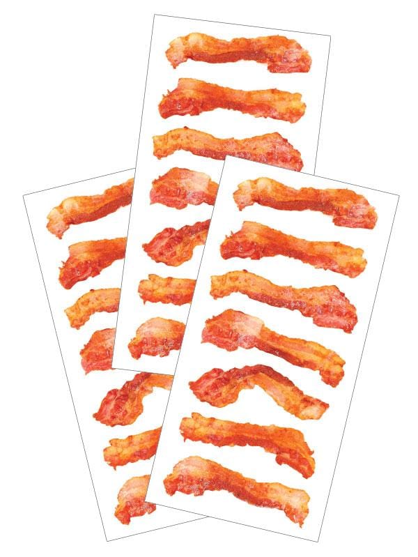 3 sheets of decorative stickers featuring strips of photo real bacon, shown on white background.