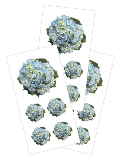 3 sheets of stickers featuring photo real, blue hydrangea flowers, shown on white background.