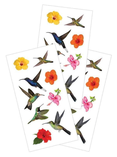 3 sheets of stickers featuring colorful hummingbirds and flowers, shown on white background.