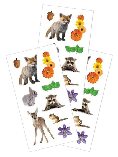 3 sheets of stickers featuring photo real backyard creatures and flowers, shown on white background.