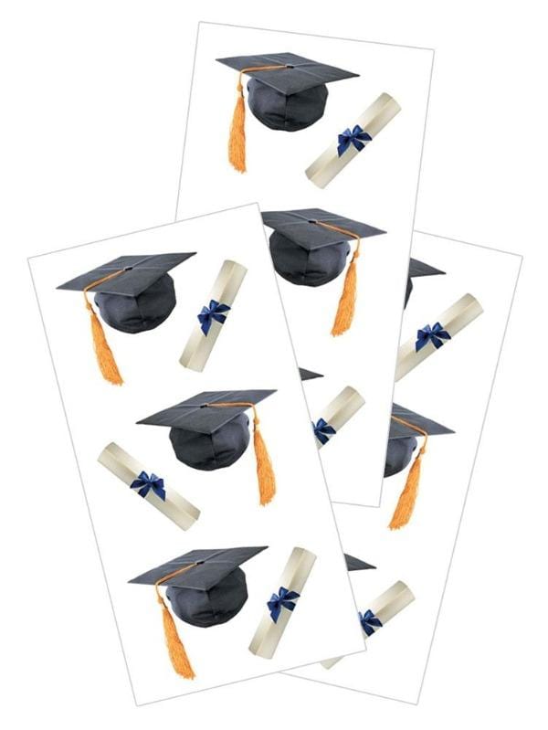 3 sheets of stickers featuring photo real graduation caps and diplomas, shown on white background.
