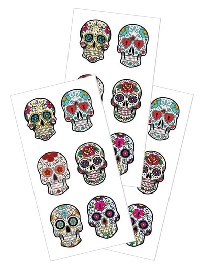 3 sheets of stickers featuring colorful sugar skulls, shown on white background.