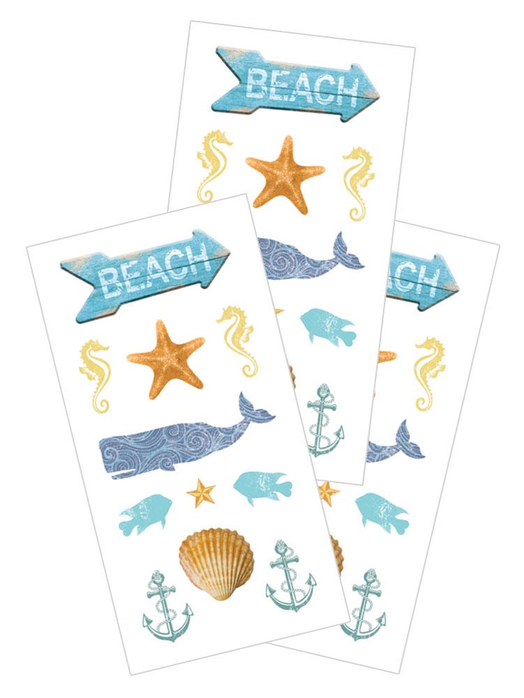3 sheets of stickers featuring beach signs, shells and illustrated fish, shown on white background.