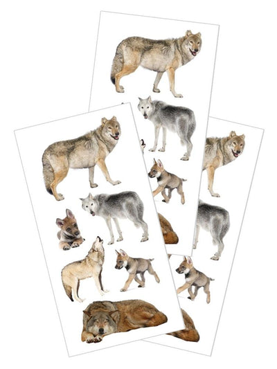 3 sheets of stickers featuring photo real wolves, shown on white background.