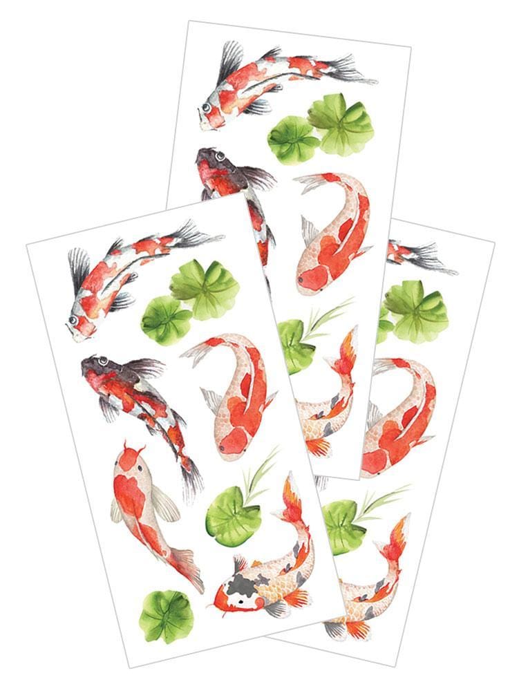3 sheets of stickers featuring illustrated Koi Fish, shown on white background.