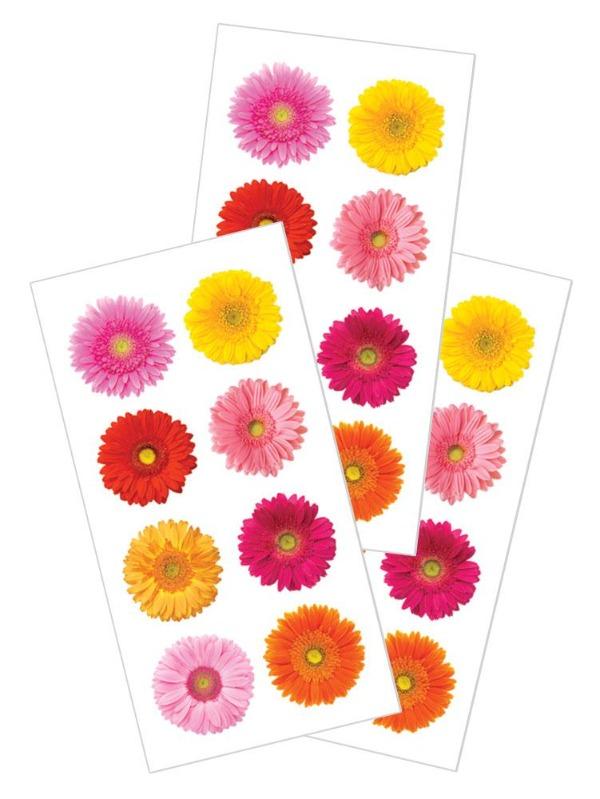 3 sheets of stickers featuring colorful, photo real gerbera daisies, shown on white background.