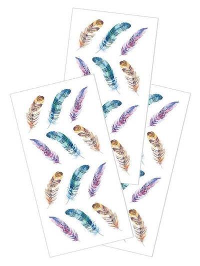 3 sheets of stickers featuring colorful, illustrated bird feathers, shown on white background.