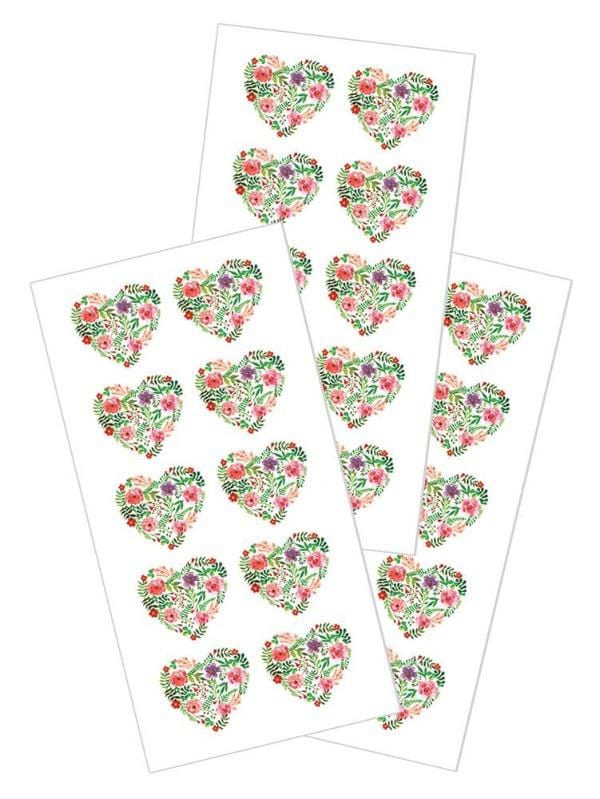 three sheets of stickers featuring floral hearts shown on a white background.