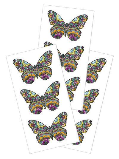 3 sheets of stickers featuring illustrated, mosaic patterned butterflies, shown on white background.