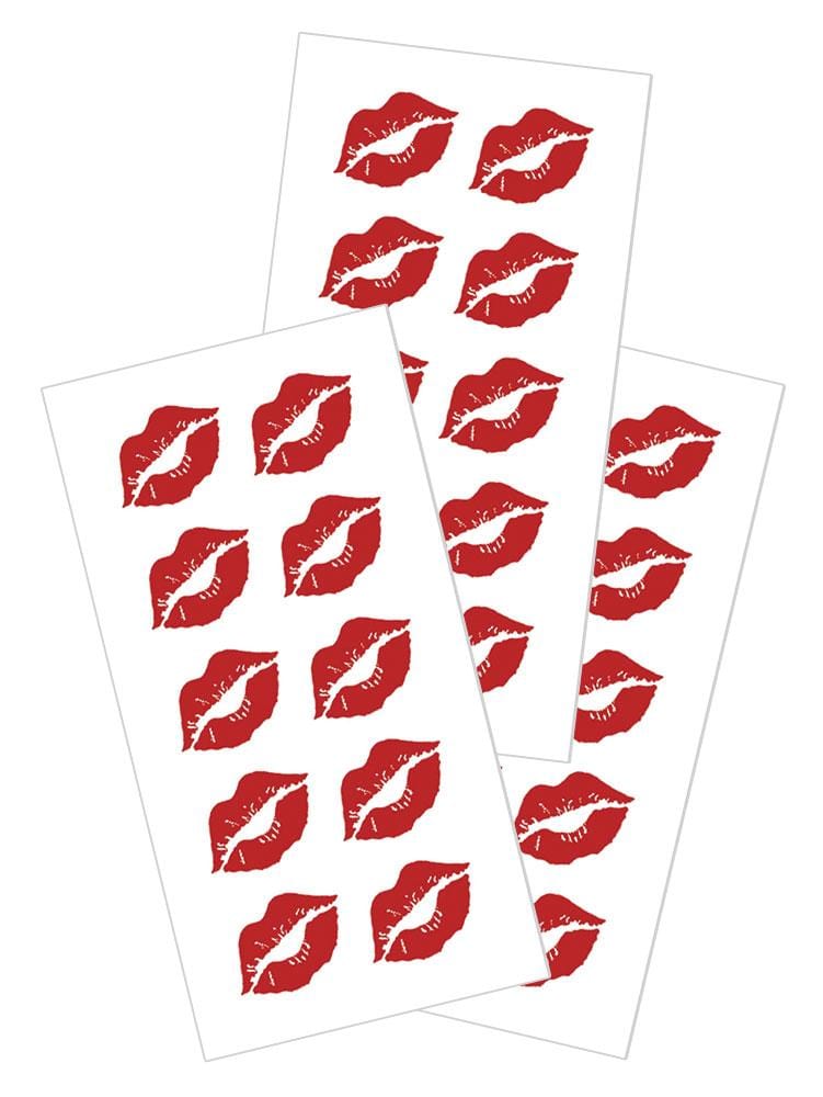 3 sheets of stickers featuring red lipstick kisses, shown on white background.