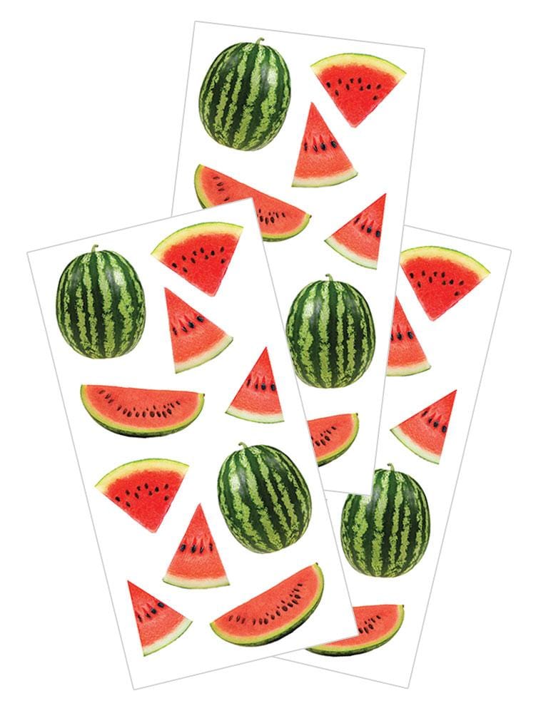 3 sheets of stickers featuring photo real watermelons, shown on white background.