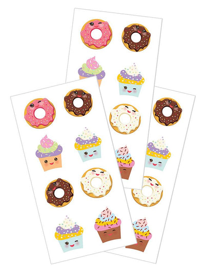 3 sheets of stickers featuring kawaii donuts and cupcakes, shown on white background.