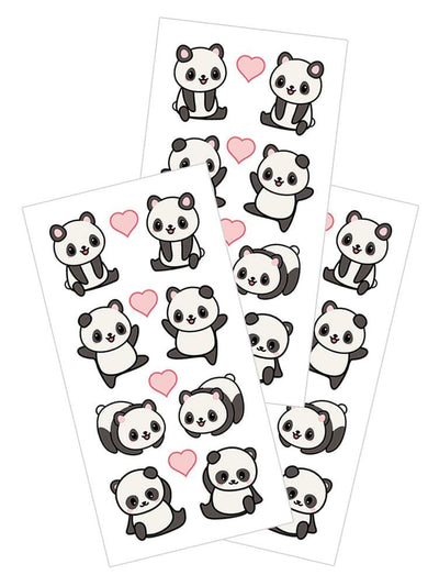 3 sheets of stickers featuring illustrated panda bears and hearts, shown on white background.