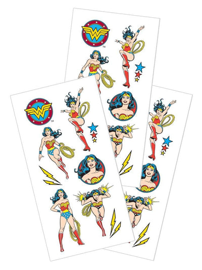 3 sheets of stickers featuring Wonder Woman in various poses, shown on white background.