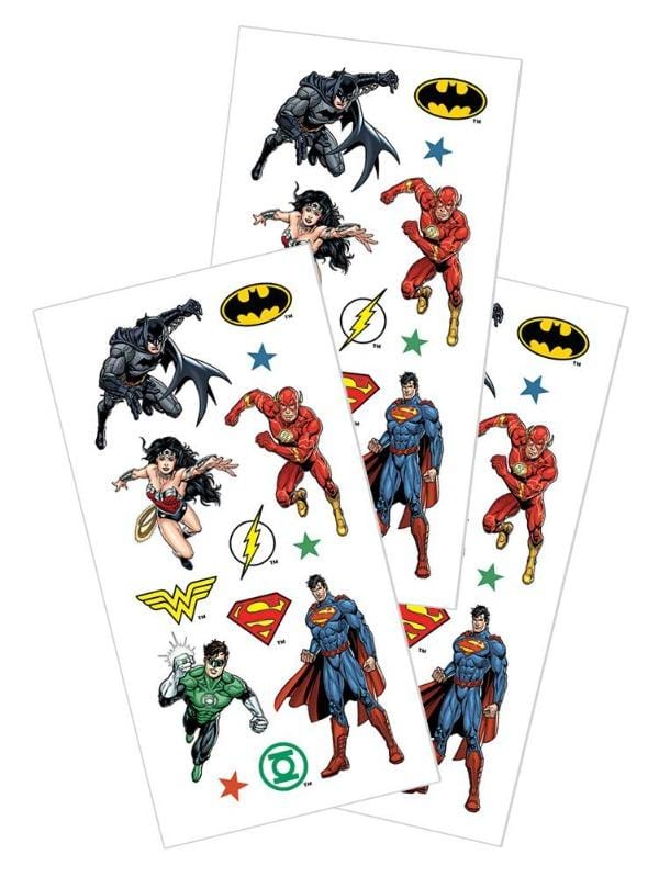 3 sheets of stickers featuring Justice League ™ characters and logos, shown on white background.