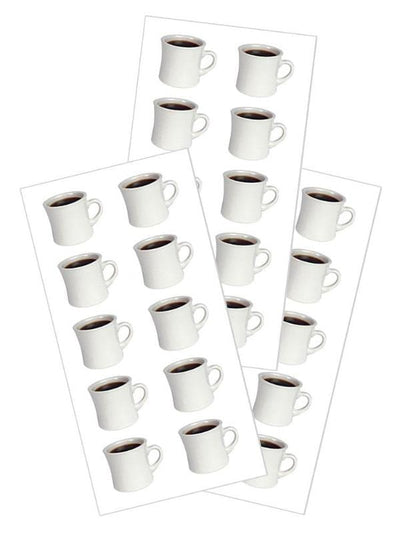 3 sheets of stickers featuring photo real coffee mugs filled with coffee, shown on white backgrround.