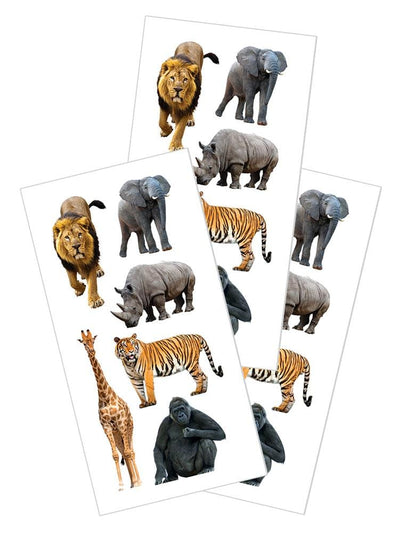 3 sheets of stickers featuring photo real zoo animals, shown on white background.
