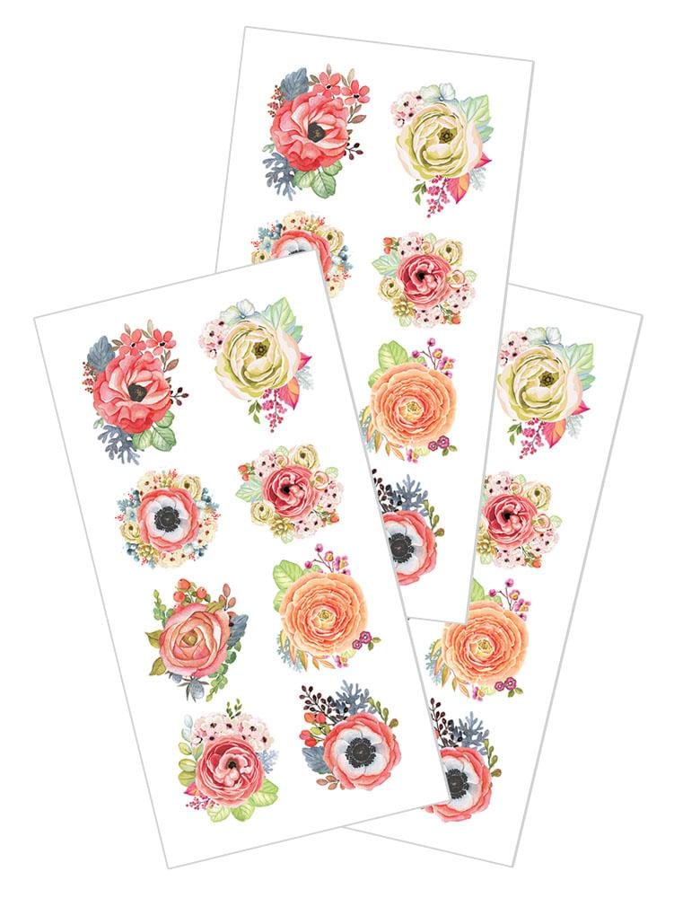 3 sheets of stickers featuring illustrated peach poppies, shown on white background.