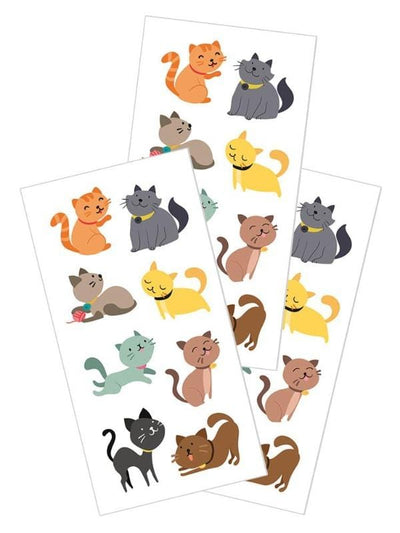 3 sheets of stickers featuring multi-colored, illustrated cats, shown on white background.