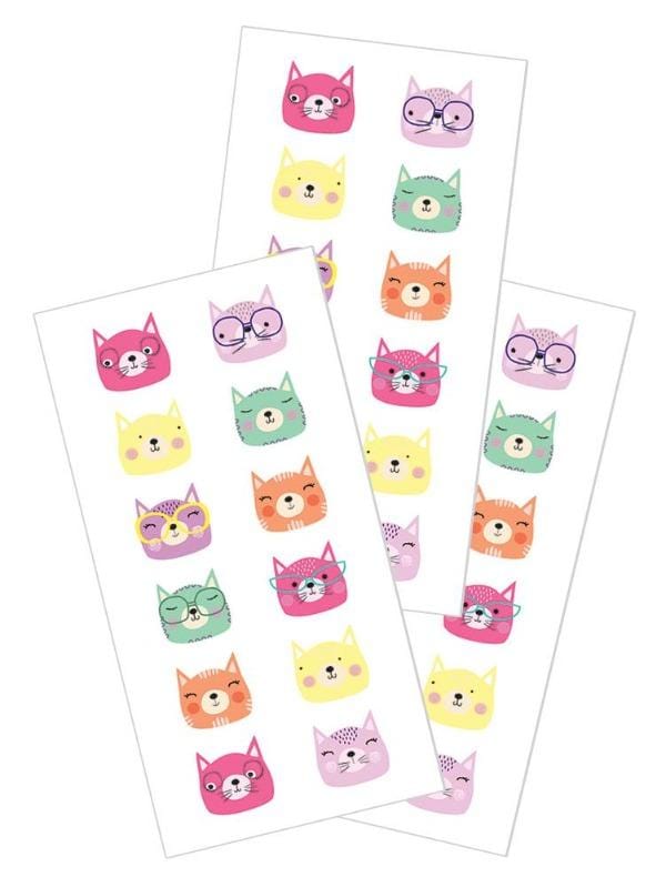 3 sheets of stickers featuring illustrated cat faces in pastel colors, shown on white background.