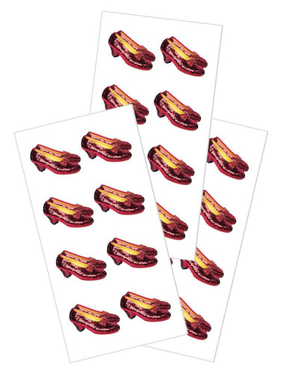 three sheets of stickers featuring photo real Wizard of Oz Ruby Slippers shown on white background.