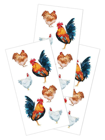 3 sheets of stickers featuring colorful watercolor chickens, shown on white background.