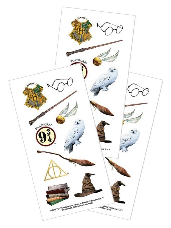 3 sheets of Harry Potter stickers featuring his glasses, the sorting hat, and Hogwarts crest, shown on white background.