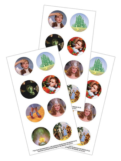 Three sheets of decorative stickers featuring Wizard of Oz characters and scenes in round shapes.